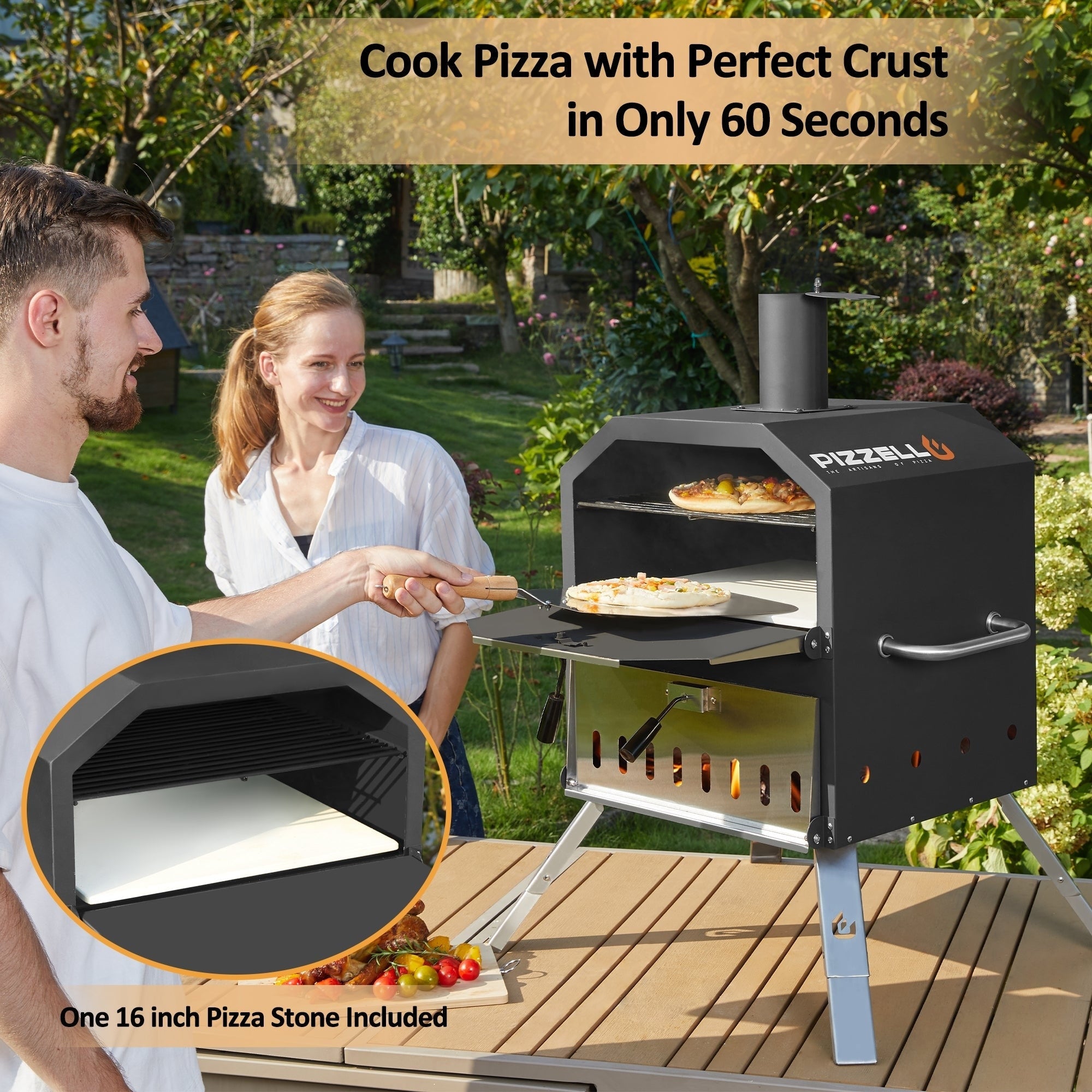 2-Layer Outdoor Pizza Oven Wood Fired Pizza Maker Outside Pizza Grill for Camping - 16 inch