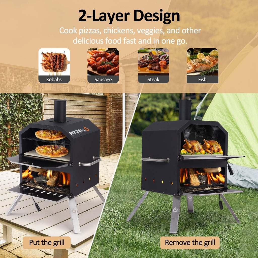 2-Layer Outdoor Pizza Oven Wood Fired Pizza Maker Outside Pizza Grill for Camping - 16 inch