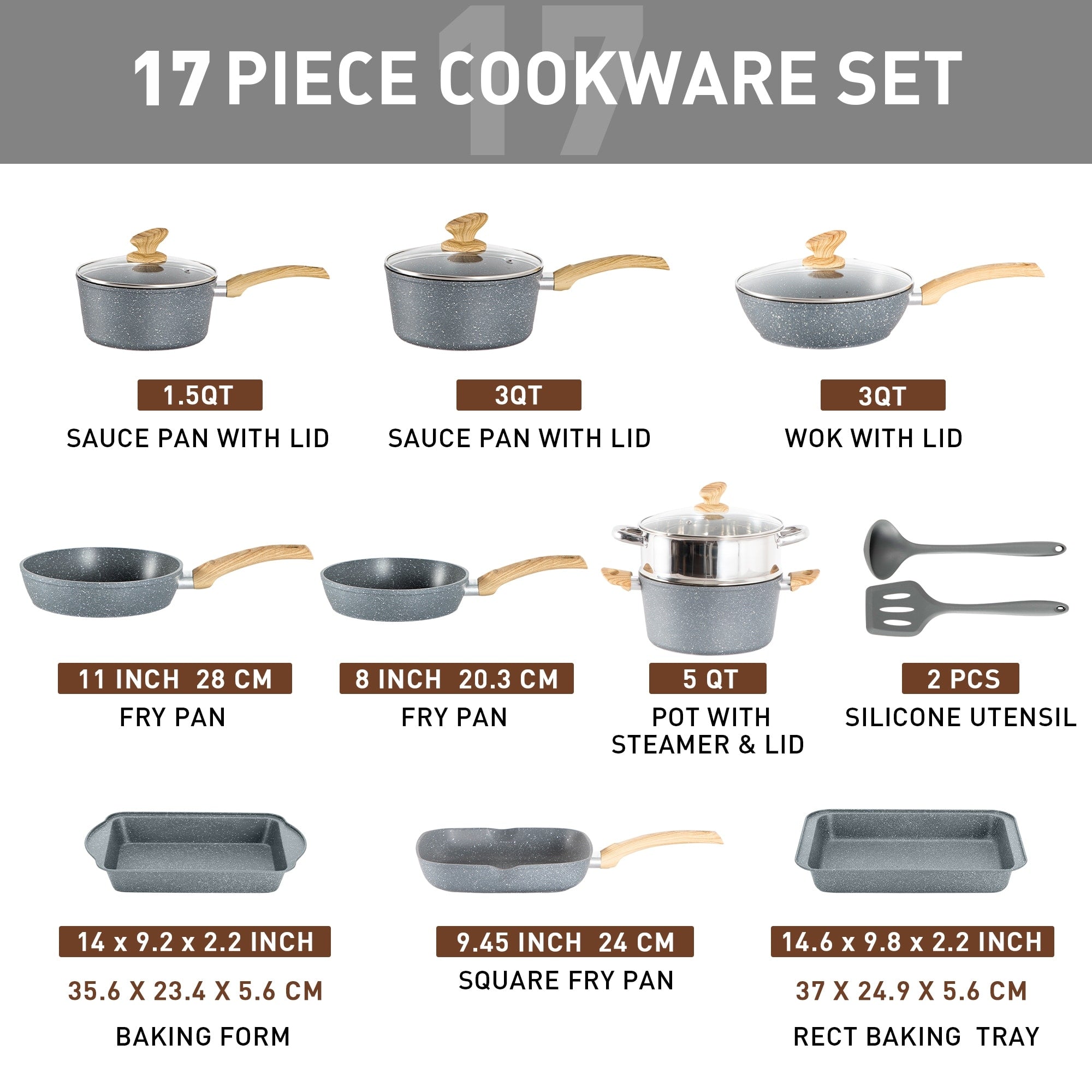 17-Piece Kitchen Granite Cookware Set, Non-stick Cooking Pots and Pans Set