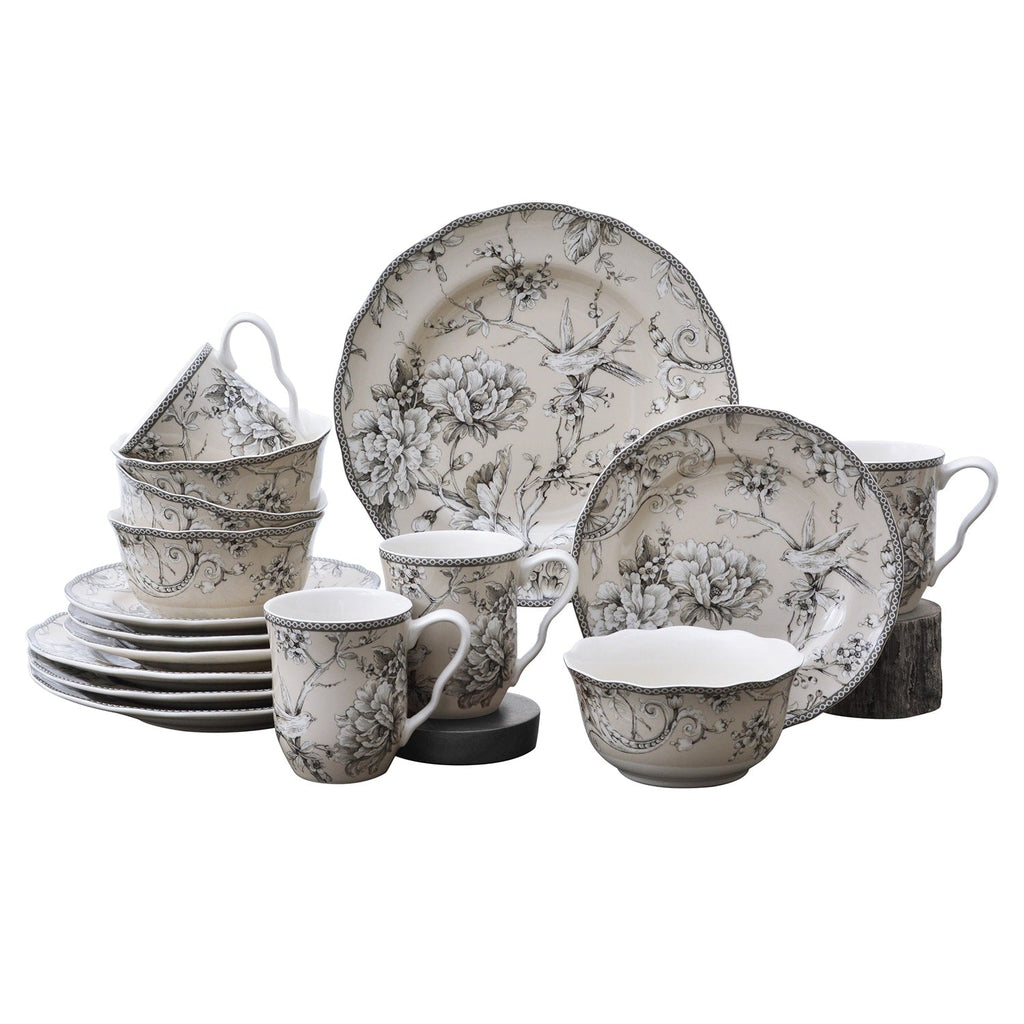 222 Fifth Adelaide 16-Piece Porcelain Dinnerware Set with Round Plates, Bowls, and Mugs, Antique White