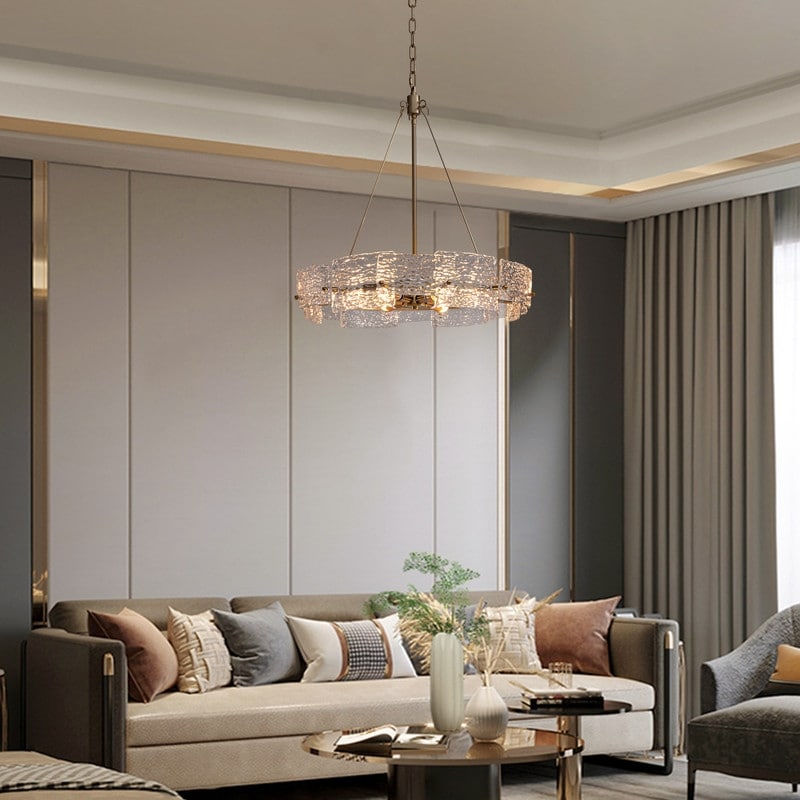 23.6 in. Modern Gold Crystal Chandelier 6-Light Glam Drum Pendant Light for Kitchen Island Dining Room