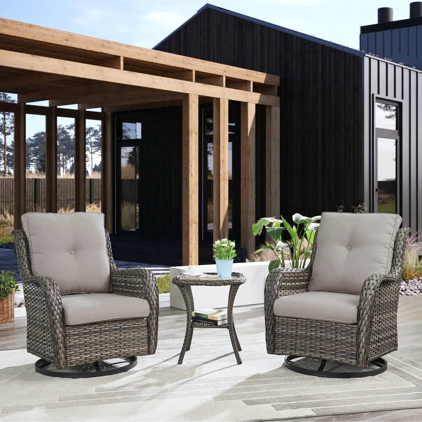 Gymojoy 3 Piece Outdoor Wicker Swivel Rocker with Cushion & Table