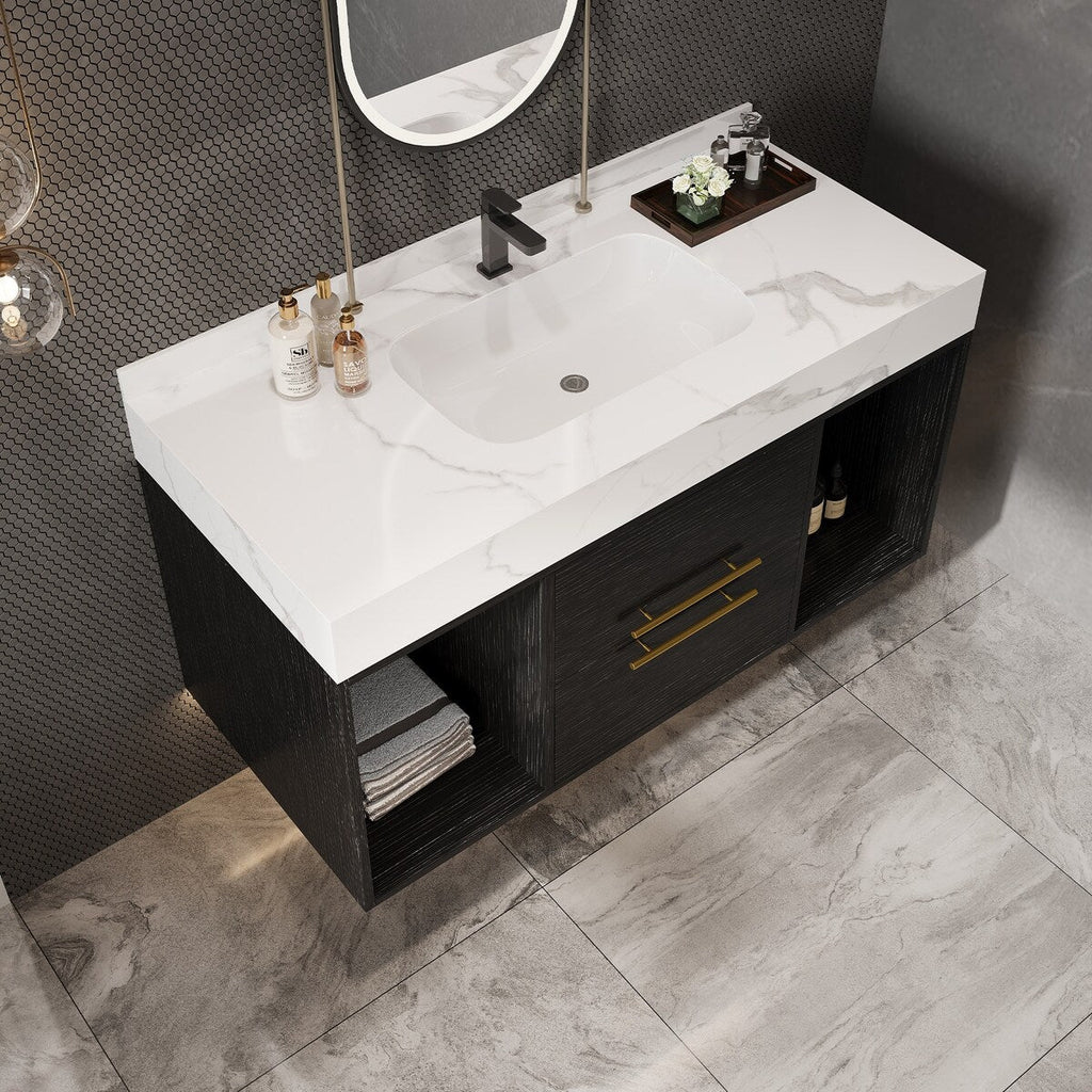 39.4 '' Floating Bathroom Vanity with Ceramic sink,Wall Hung Vanity 2 Soft Close Drawer and white slate top - 39'4 x 18'9