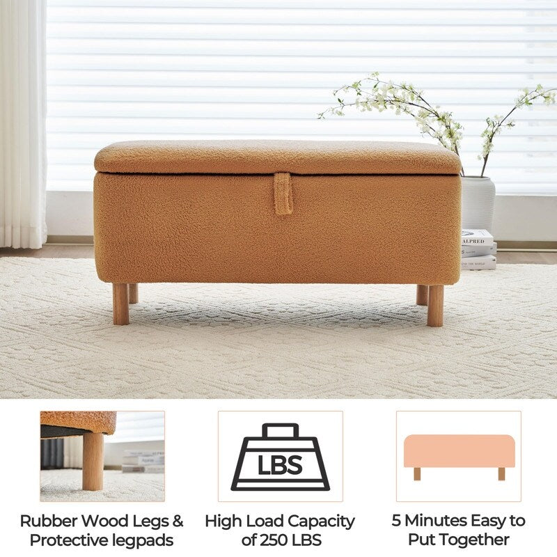 39.5 Off White Boucle Storage Ottoman Bench Sherpa Storage Bench Ottoman Foot Rest End of Bed for Living Room Bedroom,Wood Leg