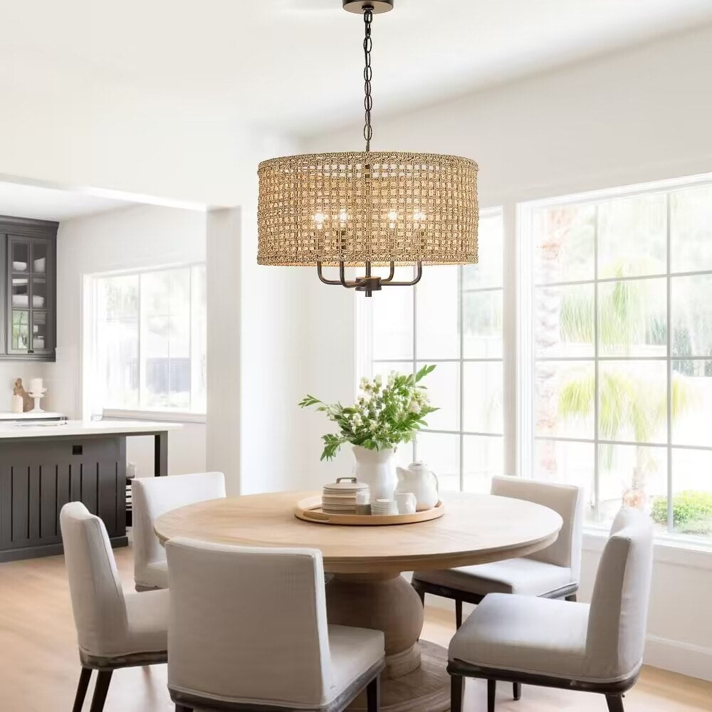 4-Light Bohemian Hand Woven Drum Chandelier - Straw - 20 in. W