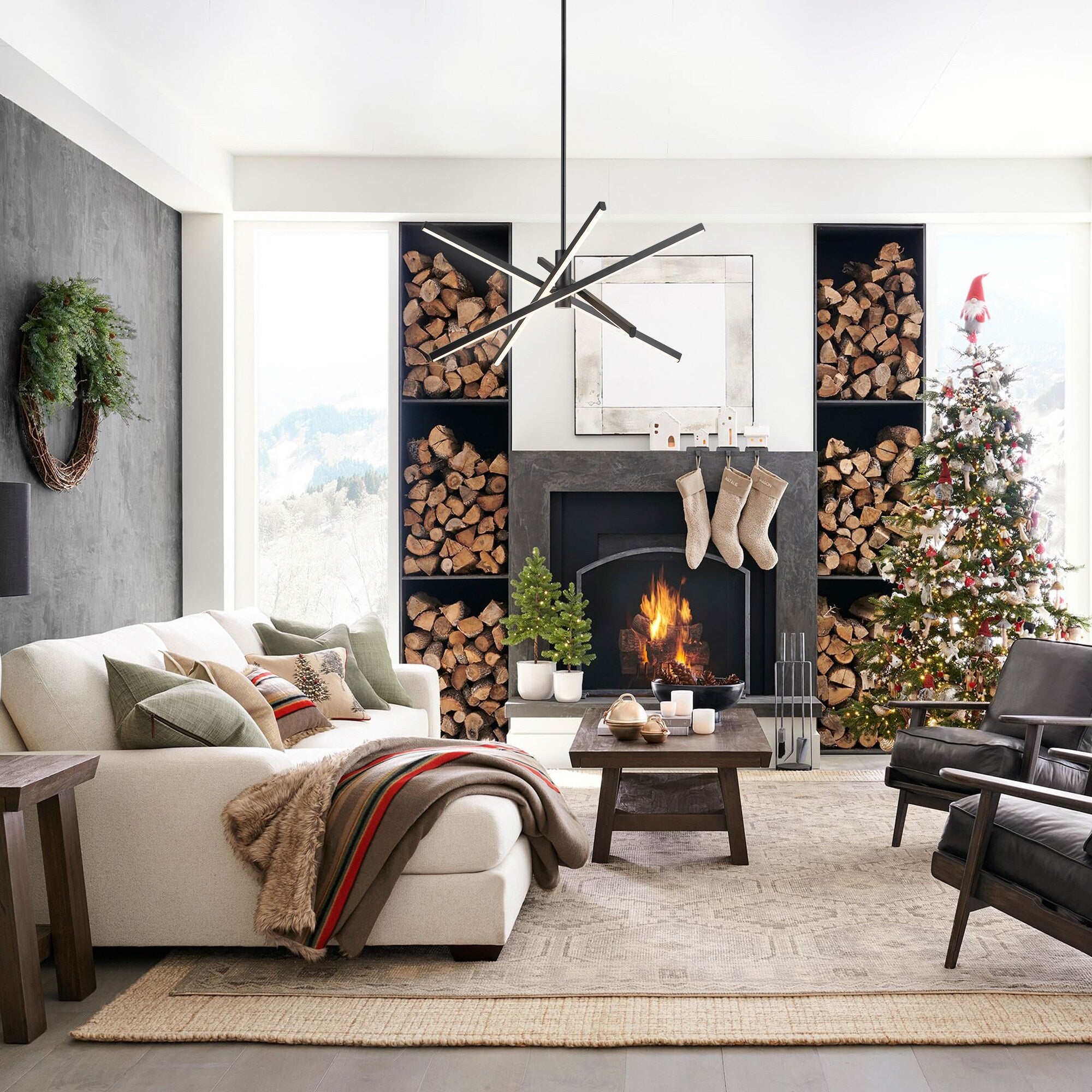 Black/ Gold Modern Aluminum LED Chandelier Linear Sputnik Ceiling Pendant Light for Living/ Dining Room/ Kitchen