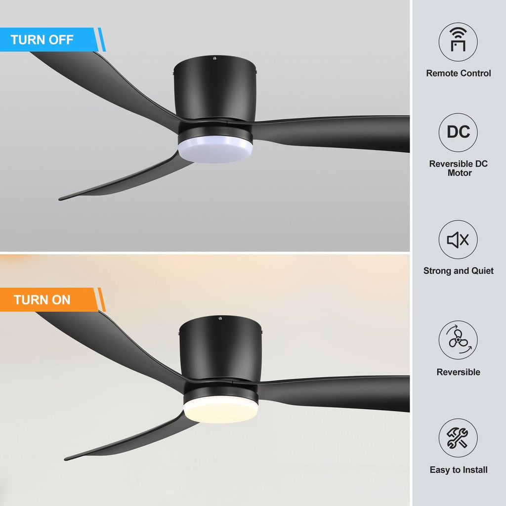 52 Inch Black/White Flush Mount LED Ceiling Fan with Lights Remote(3-Blade)