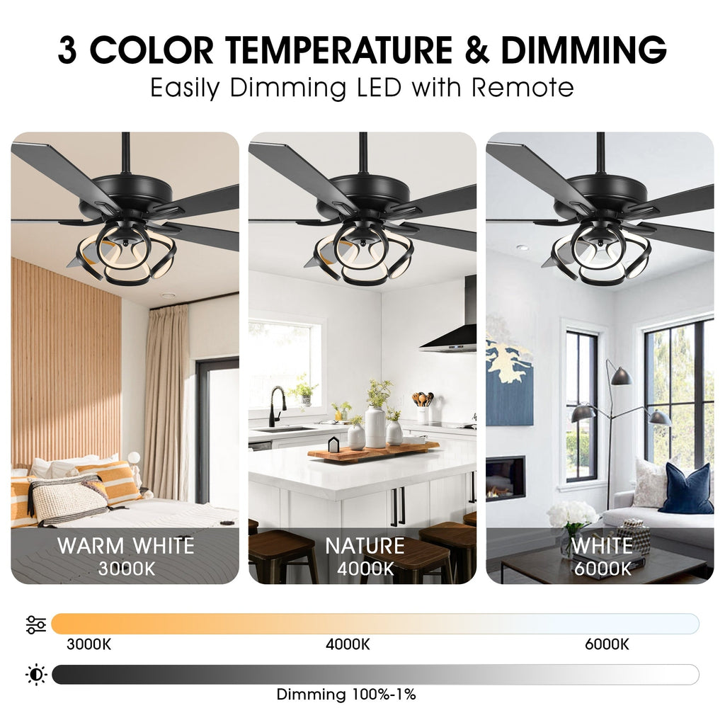52 Modern Chrome/ Black Indoor Dimmable LED Ceiling Fan with Light and Remote