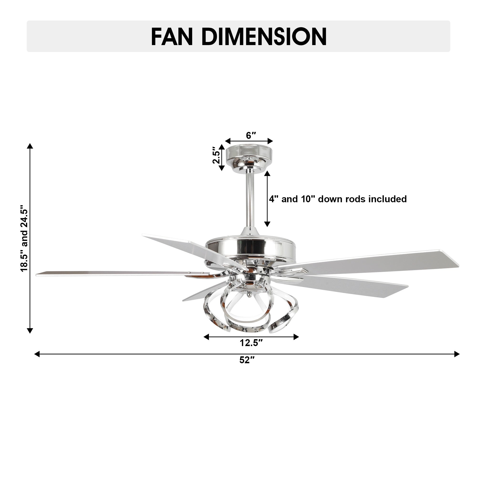 52 Modern Chrome/ Black Indoor Dimmable LED Ceiling Fan with Light and Remote