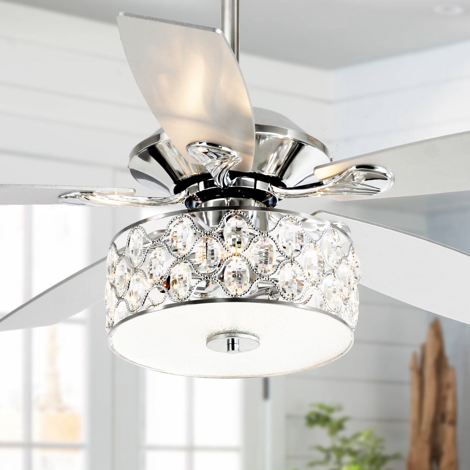 52 Modern 4-Light Chandelier Crystal Ceiling Fan with Remote