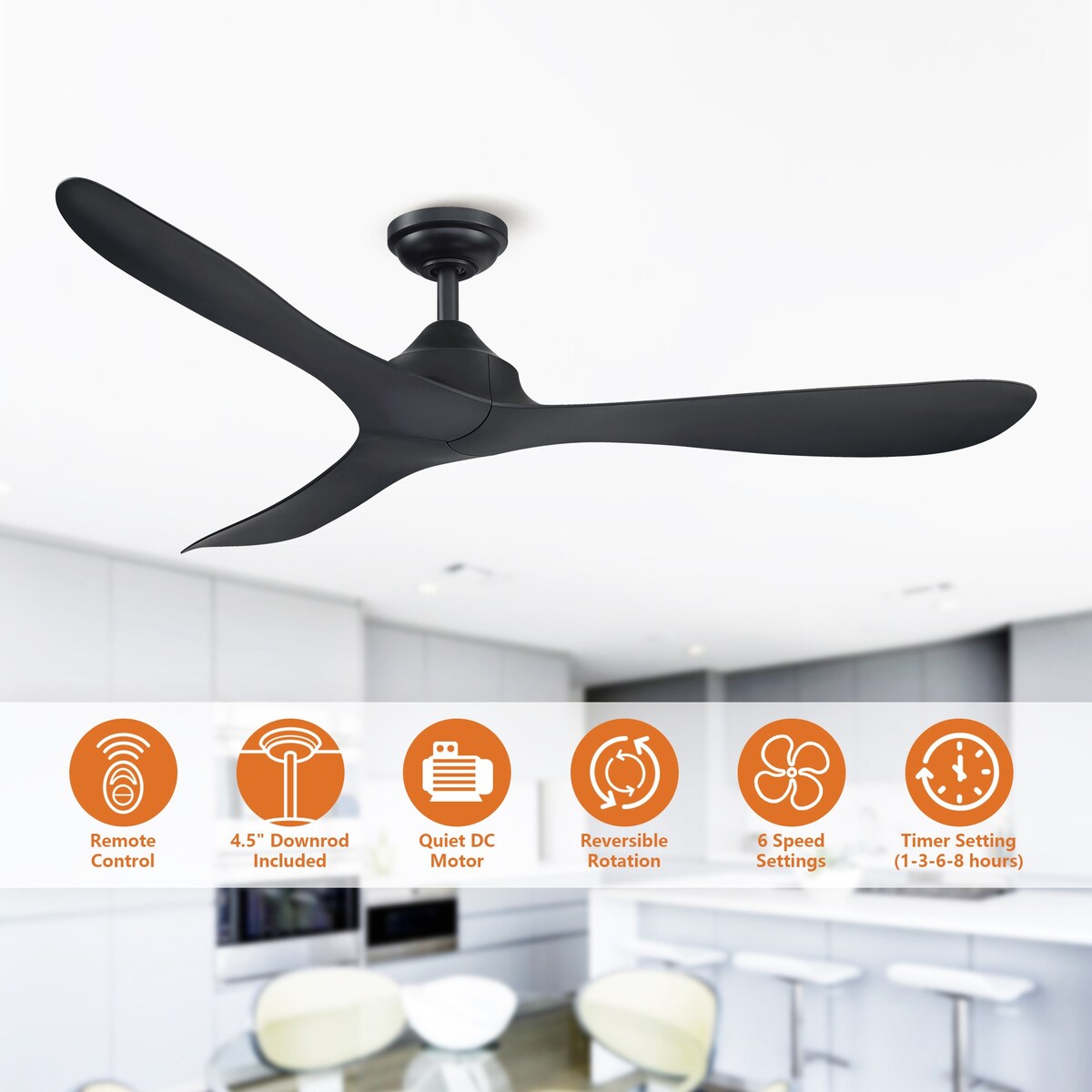 56 Modern Black 3-Blade Propeller DC Ceiling Fan with Remote