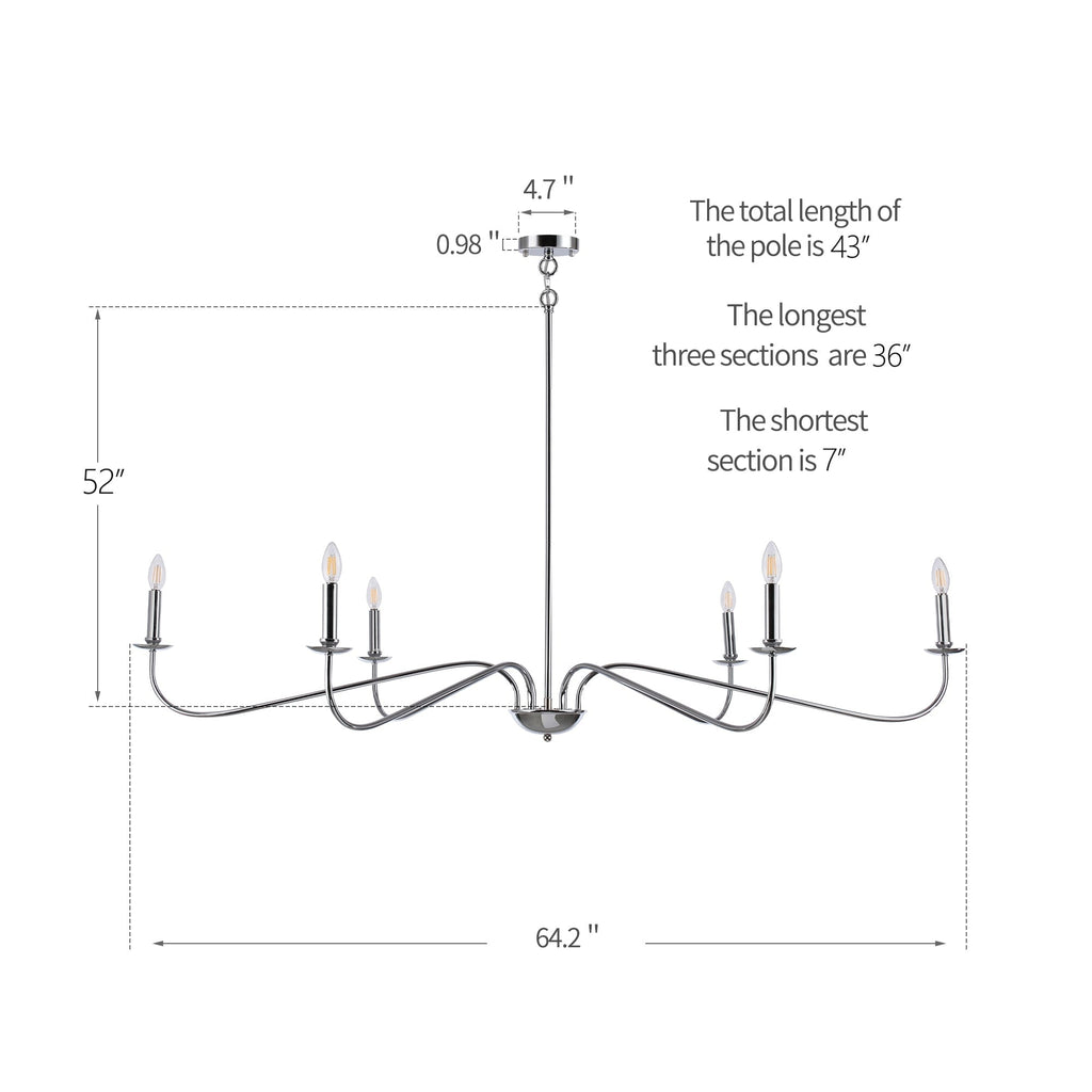 6 Light 64 Inches Minimalist Chandelier in Matte Black / Gold /Chrome - N/A