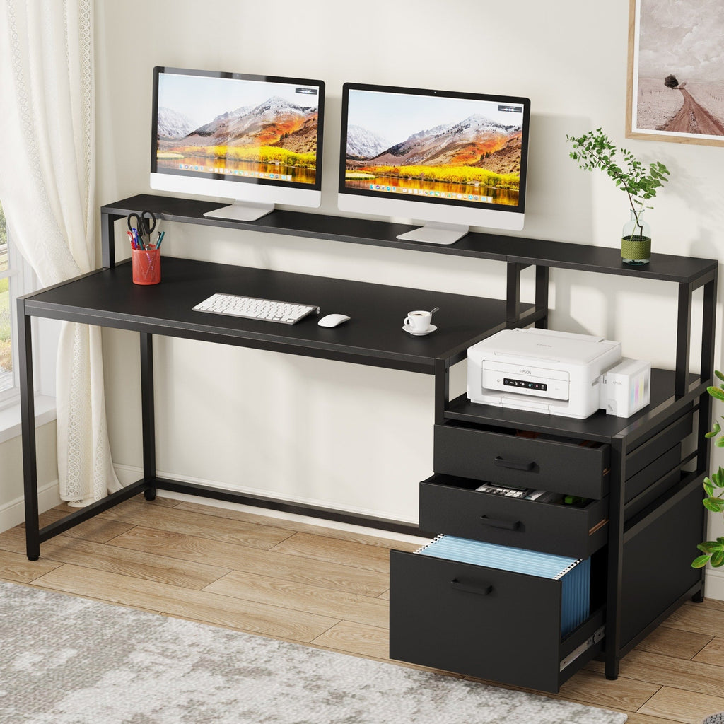 63 Computer Desk with Monitor Stand, Ergonomic Home Office Desks with Drawers File Cabinet