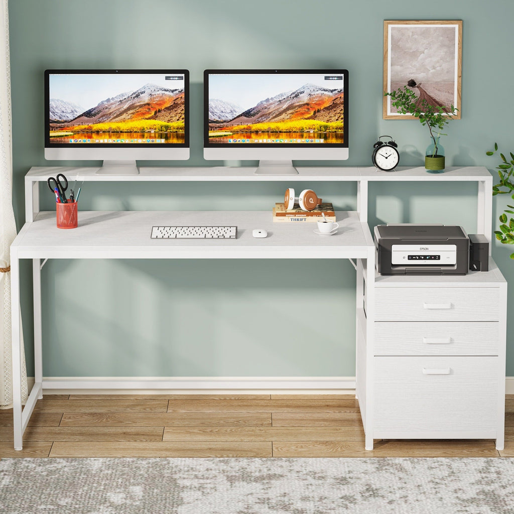 63 Computer Desk with Monitor Stand, Ergonomic Home Office Desks with Drawers File Cabinet