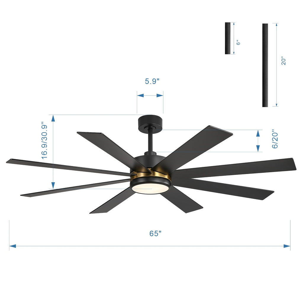 65 Inch 8-Blade Black LED Ceiling Fan with Light and Remote