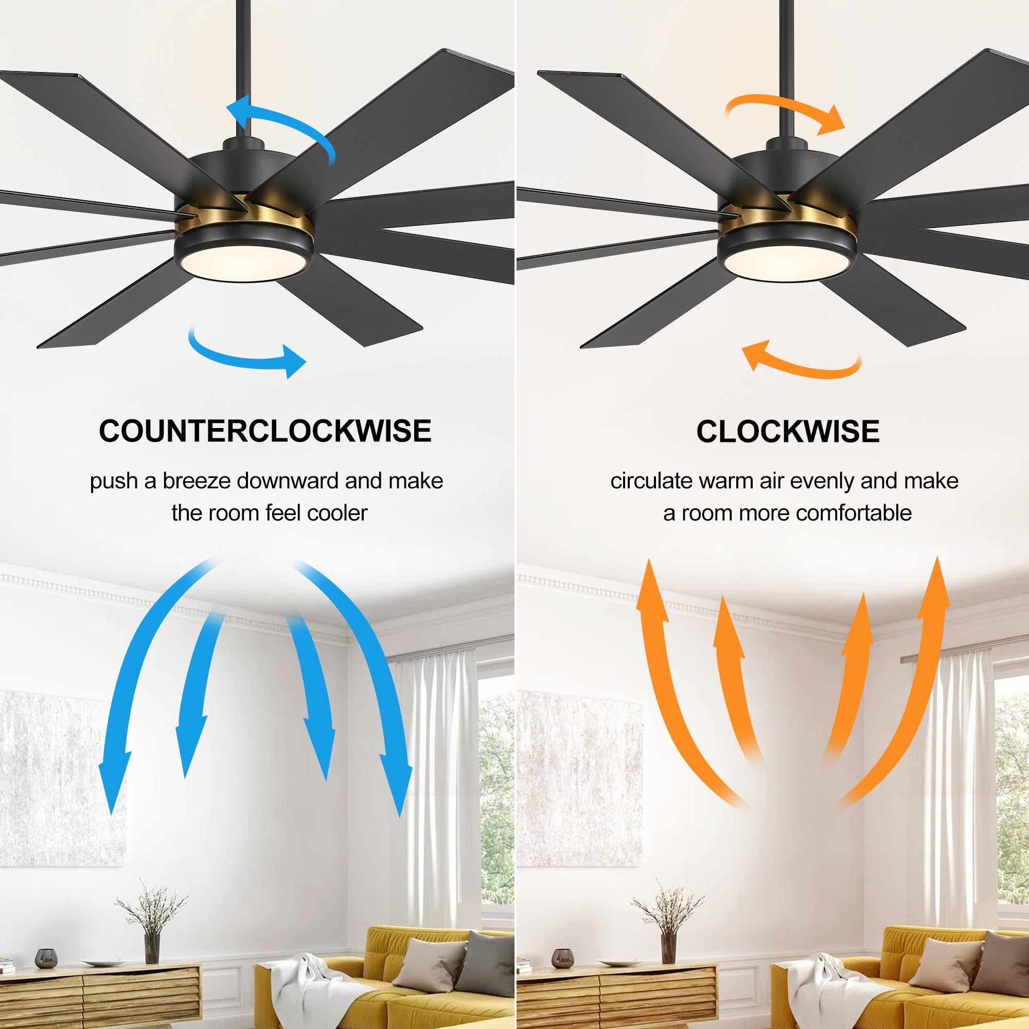 65 Inch 8-Blade Black LED Ceiling Fan with Light and Remote