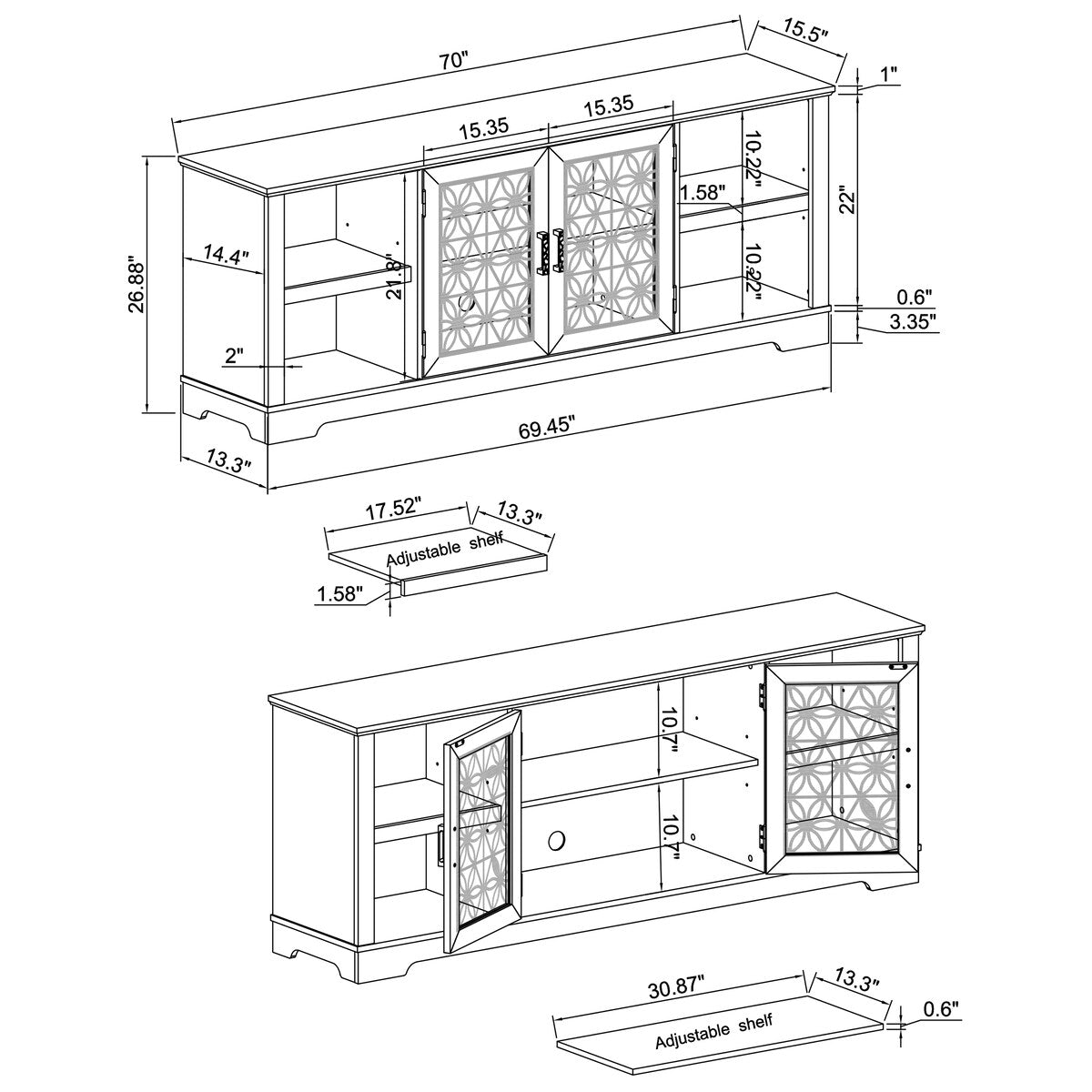 70 in. Rustic Decorative Floral Door TV Stand for up to 80 TVs