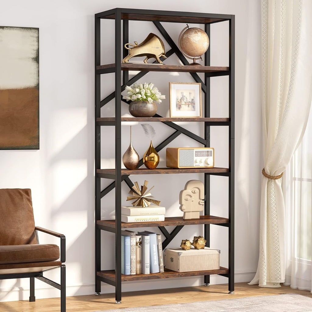 71 Industrial Bookshelf, 6 Tier Rustic Brown Wood Etagere Bookcase, Open Book Shelves