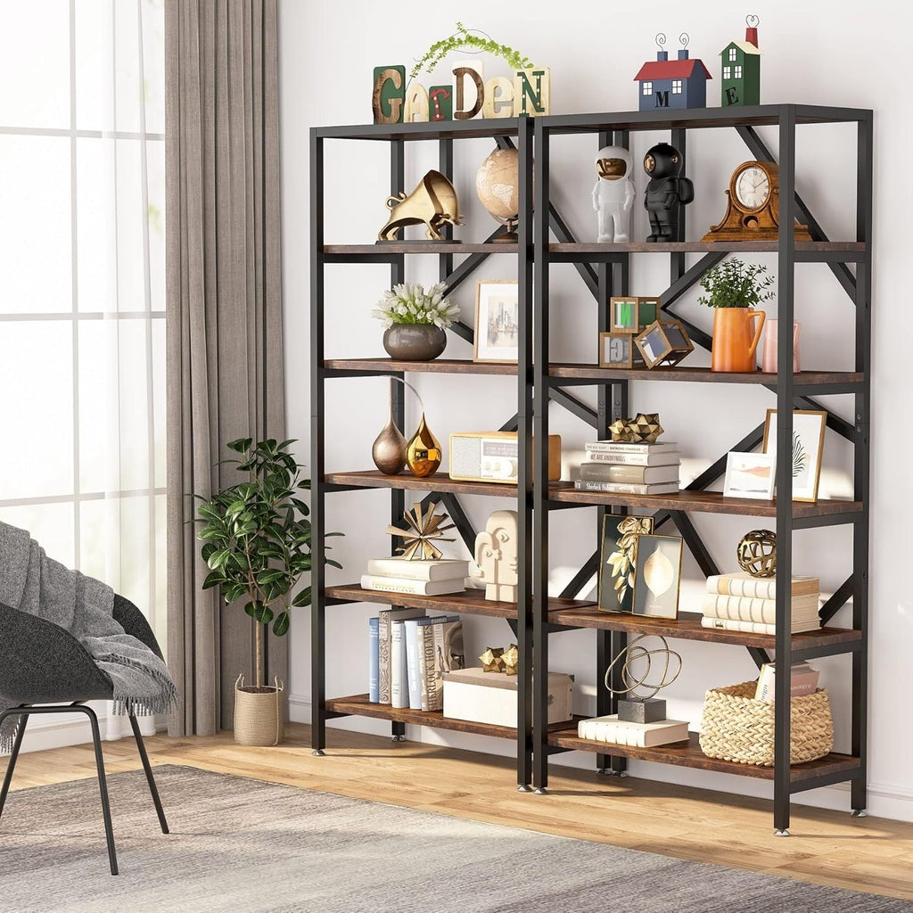 71 Industrial Bookshelf, 6 Tier Rustic Brown Wood Etagere Bookcase, Open Book Shelves
