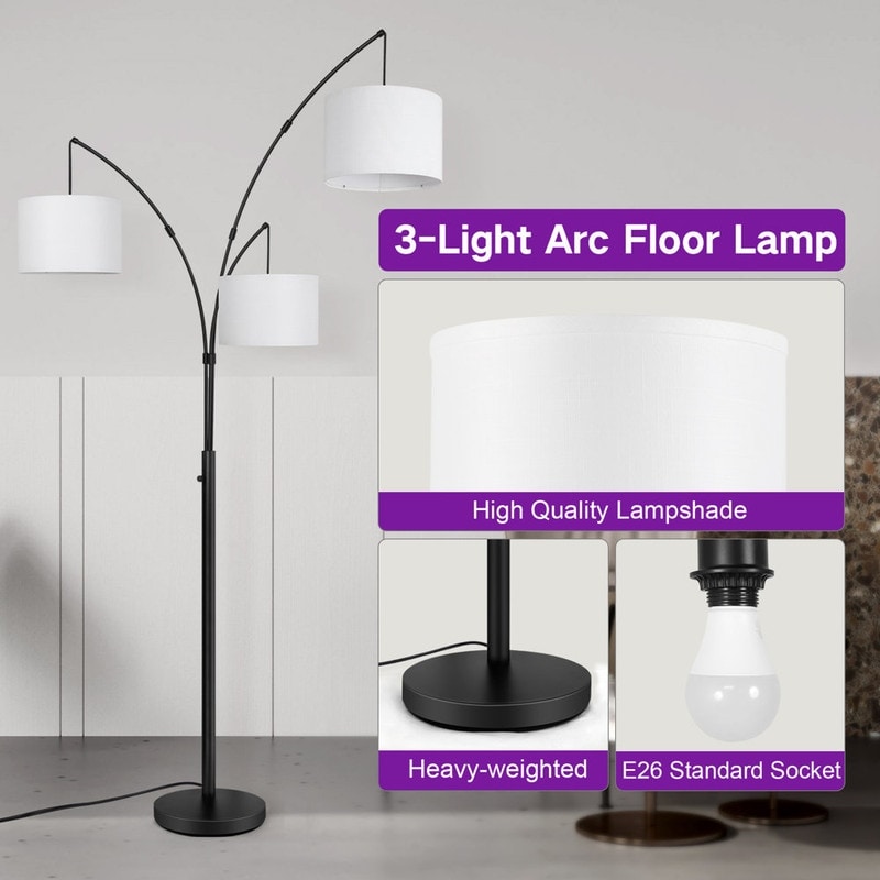 Arc LED Floor Lamp Dimmable Modern Black 3 Light Arched Tall Floor Lamp
