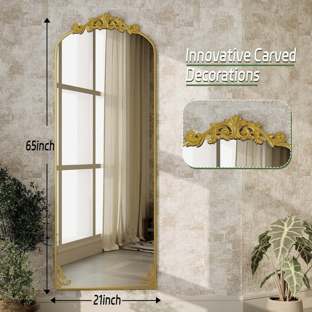 Arched Full Length Mirror with Baroque Flower Design