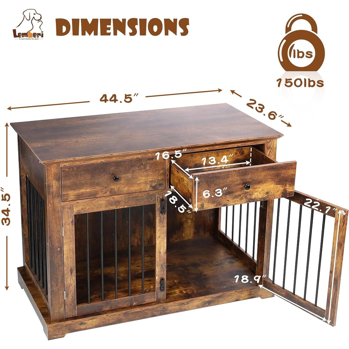 BOSSIN 44 Inch Large Dog Crate Furniture, Wooden Dog Kennel End Table with Storage Drawers, Decorative Pet Crates Dog House
