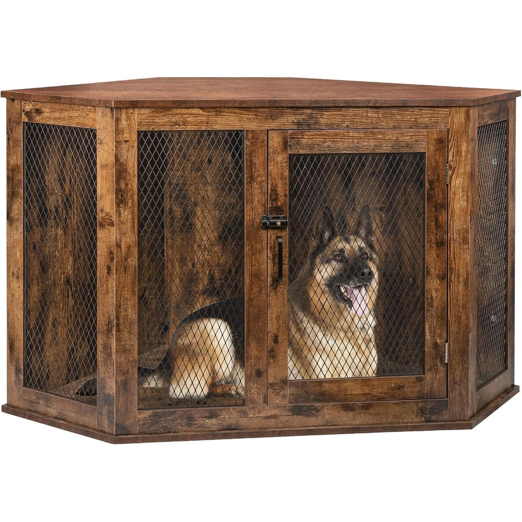 BOSSIN Corner Dog Crate Furniture,44/52 inch Wooden Dog Kennel Furniture with Mesh,Decorative Wood Dog House for Indoor use