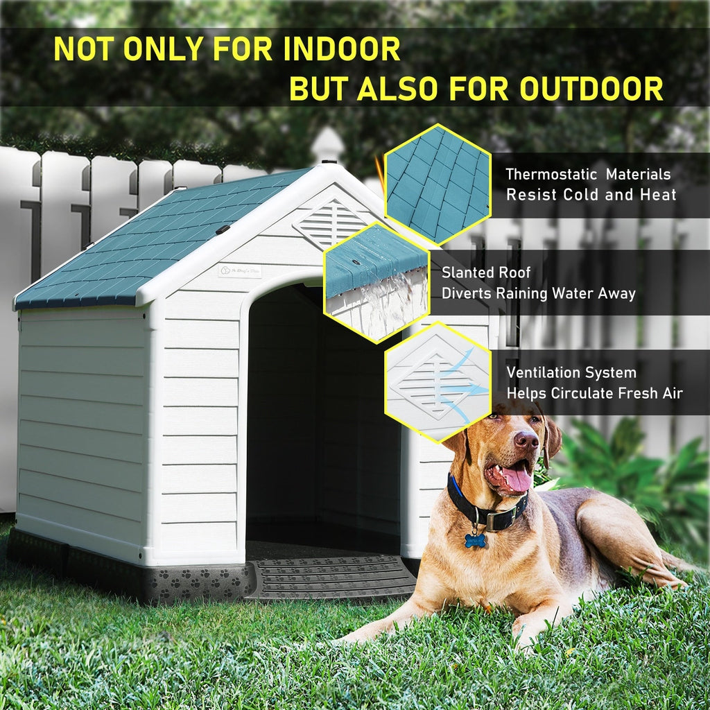 BOSSIN Plastic Dog House for Small to Large Sized Dogs, Indoor Outdoor Insulated Doghouse Puppy Shelter with Elevated Floor