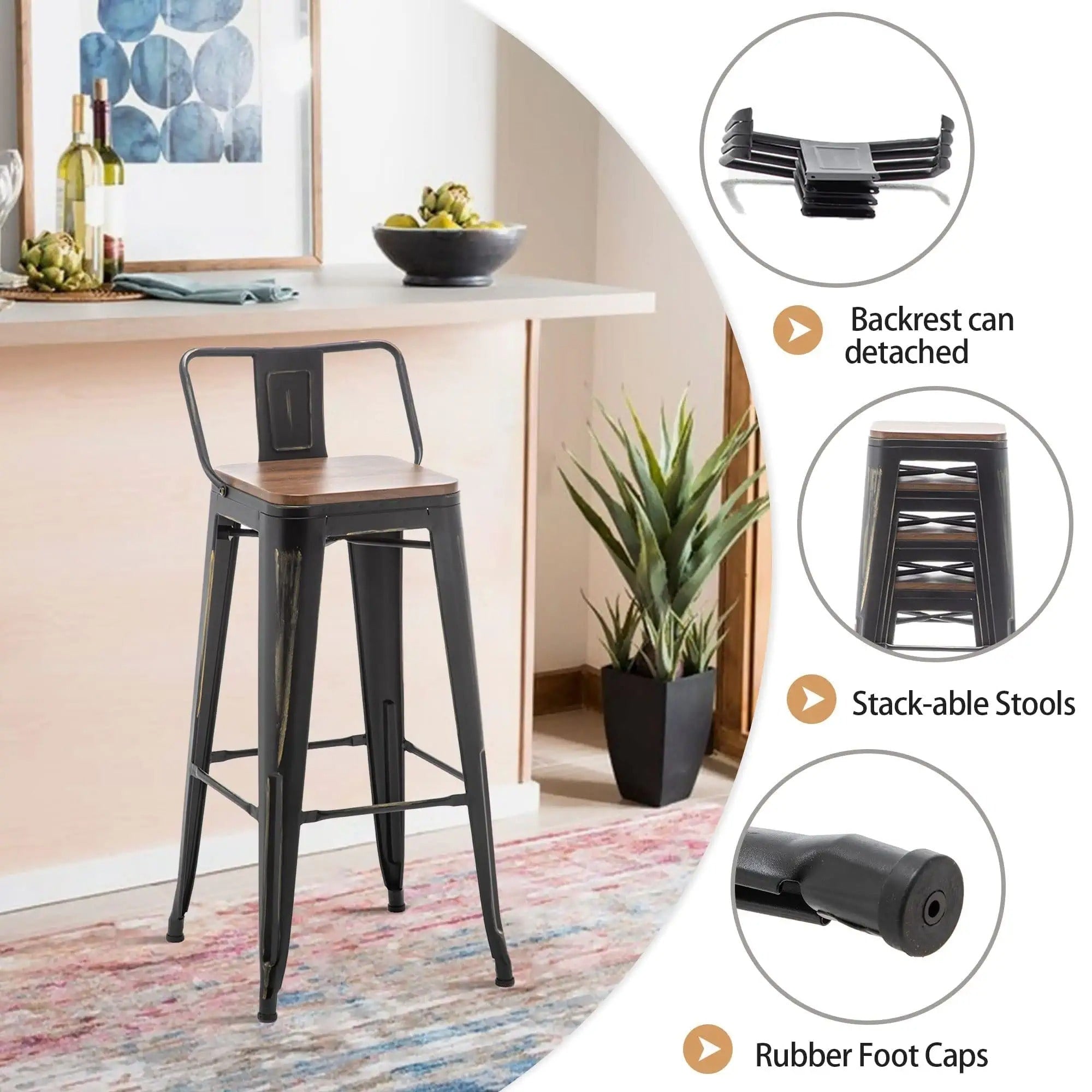 Bar Stools With Back set of 4 Industrial Metal Barstools with Wooden Seats