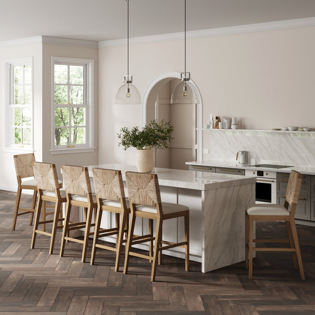 Beacon Bohemian Boucle Bar Stool, Upholstered Counter Height Chair with Solid Wood Frame and Woven Seagrass Back