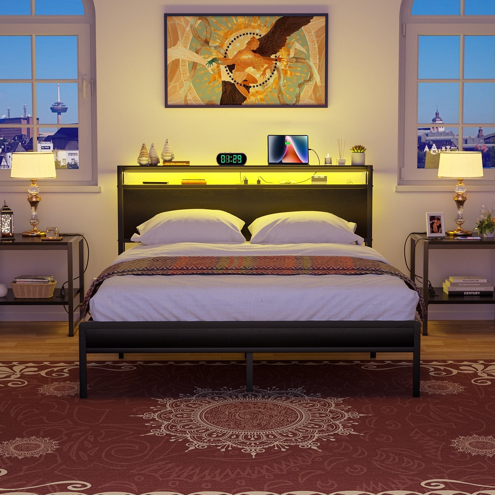 Farmhouse Wood Platform Bed Frame with Charged Station and LED Lights