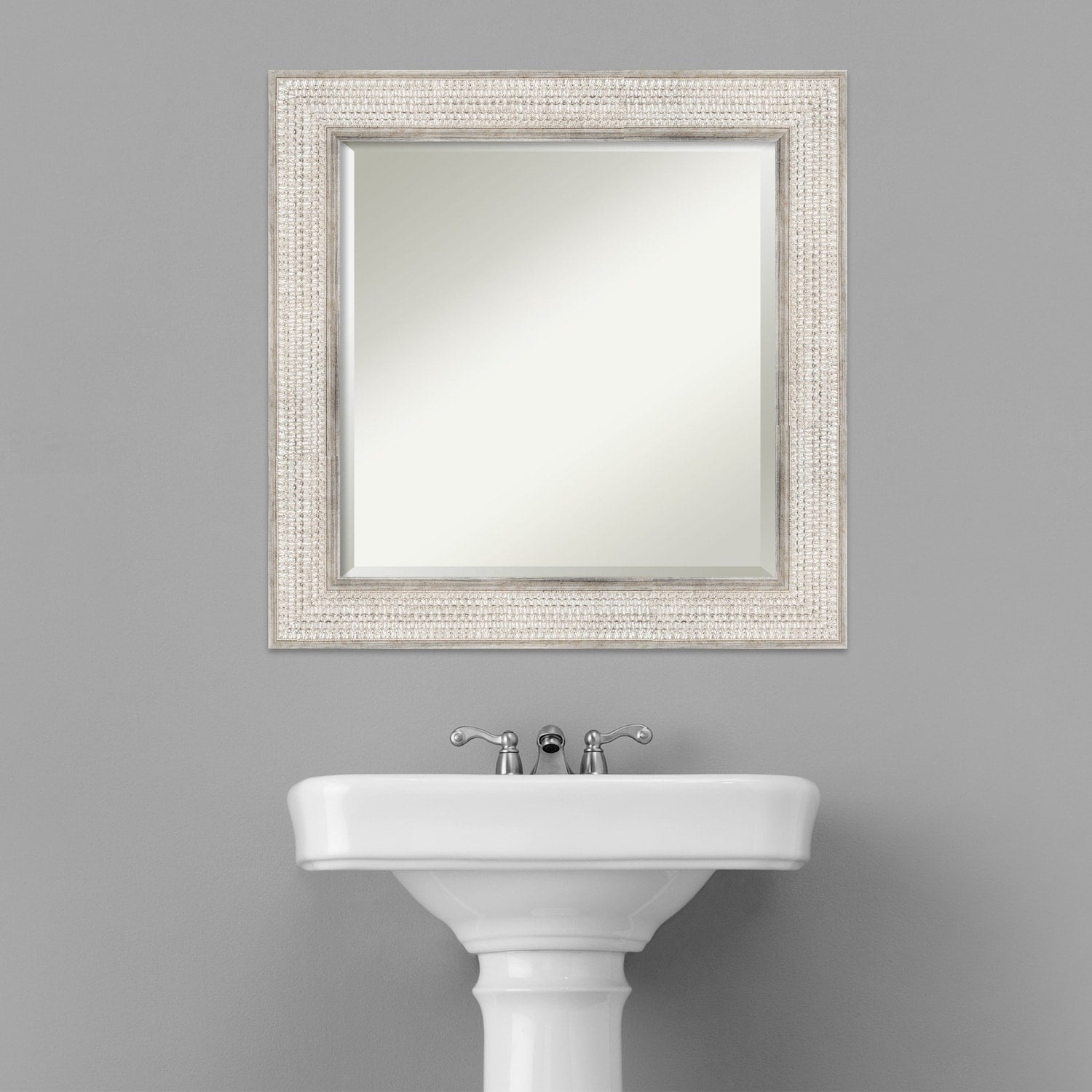 Beveled Wood Bathroom Wall Mirror - Trellis Silver Frame - Trellis Silver