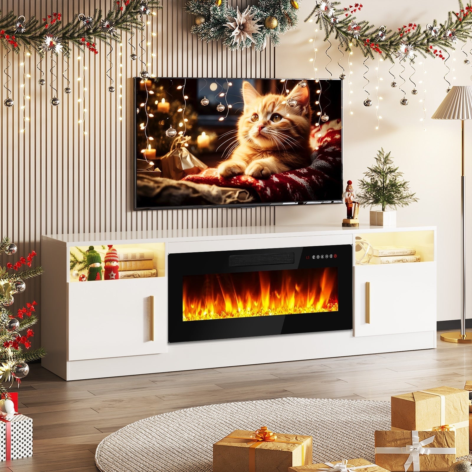 Bossin 70 Fireplace TV Stand with 36 Electric Fireplace, TV Stand for TVs Up to 80, 16 Colors LED Lights/Entertainment Center