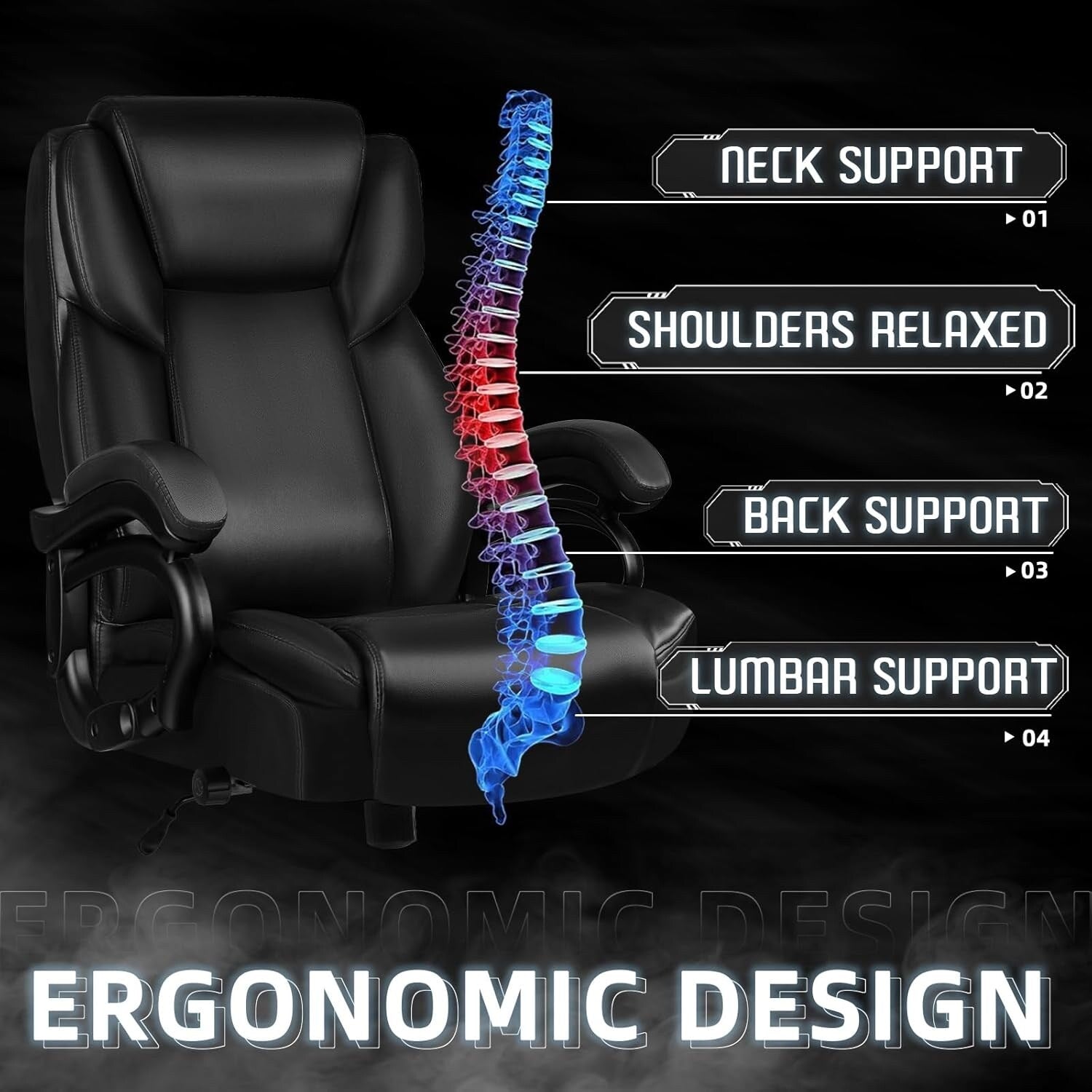 Bossin Big and Tall Executive Office Chair,500LBS Adjustable Lumbar Support Ergonomic Chair with High Back PU Leather Computer