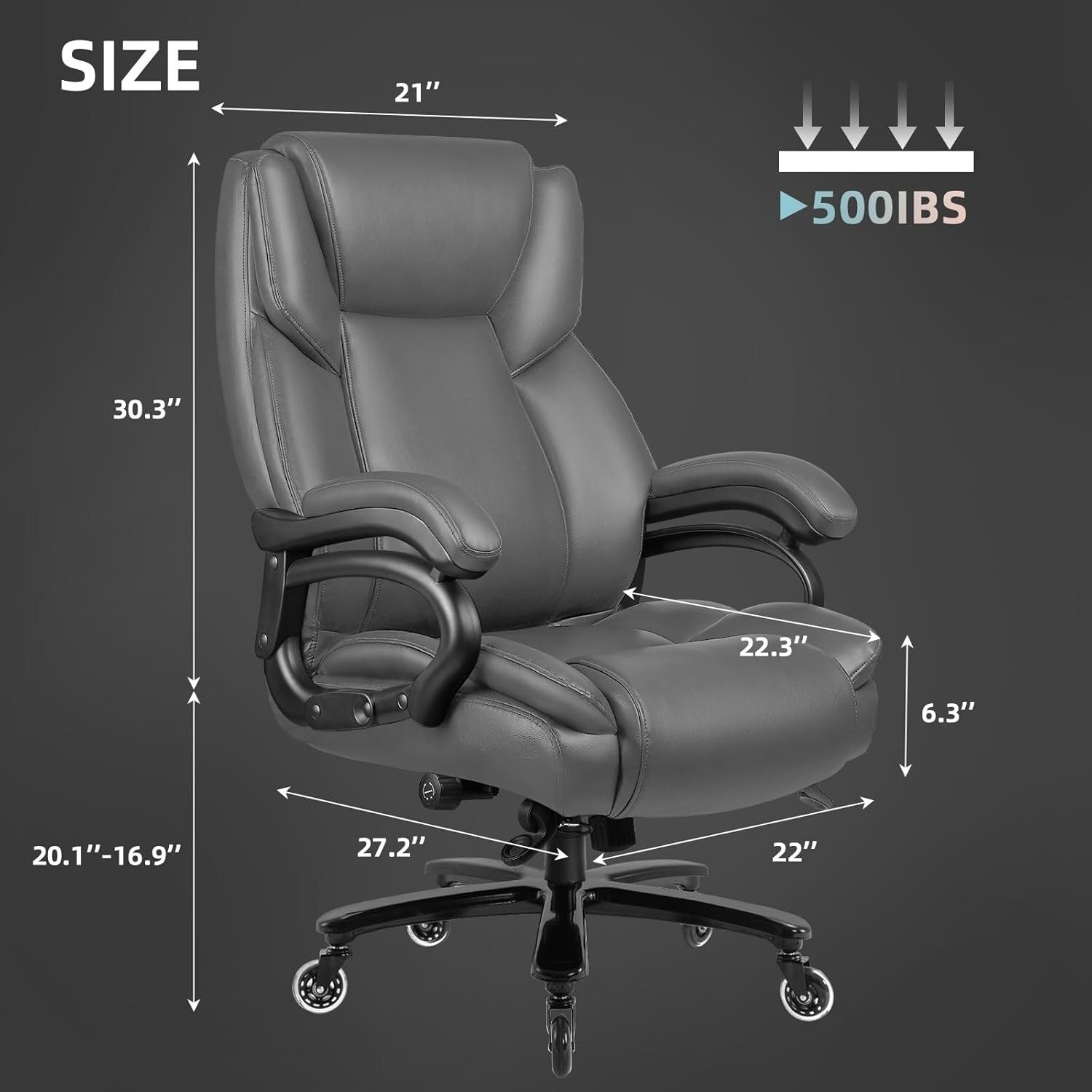 Bossin Big and Tall Executive Office Chair,500LBS Adjustable Lumbar Support Ergonomic Chair with High Back PU Leather Computer