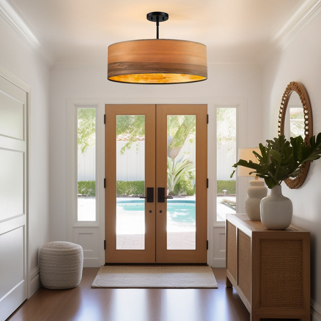 Breaux 4-Light Wood Veneer Drum Chandelier with Black Canopy - 22 in. W