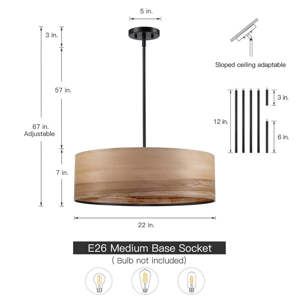 Breaux 4-Light Wood Veneer Drum Chandelier with Black Canopy - 22 in. W