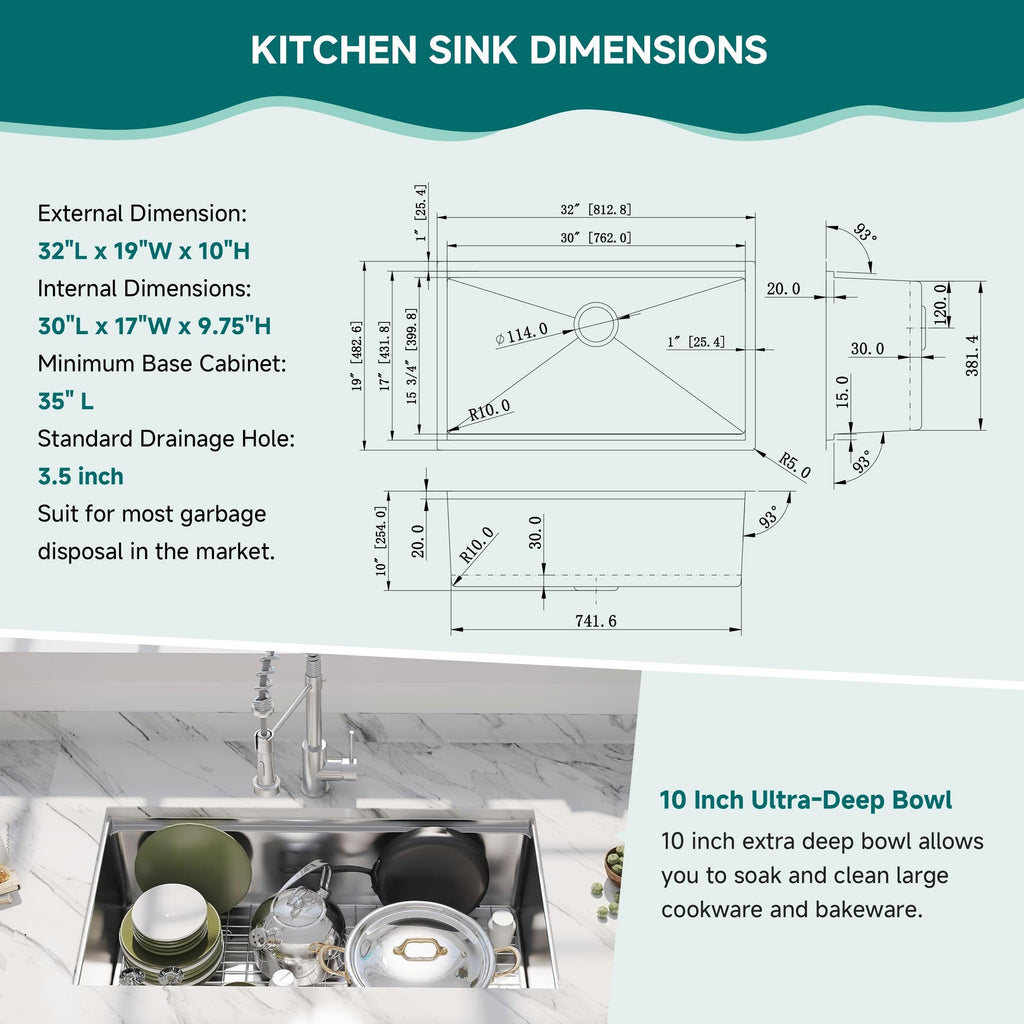 CB HOME 32'' Undermount Gold Kitchen Sink, Drop in Black/Stainless Steel Kitchen Sink, Single Bowl Kitchen Sink with Accessories