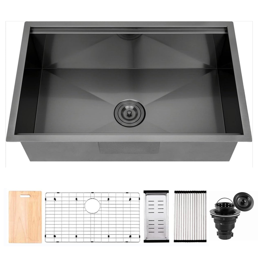 CB HOME 32'' Undermount Gold Kitchen Sink, Drop in Black/Stainless Steel Kitchen Sink, Single Bowl Kitchen Sink with Accessories