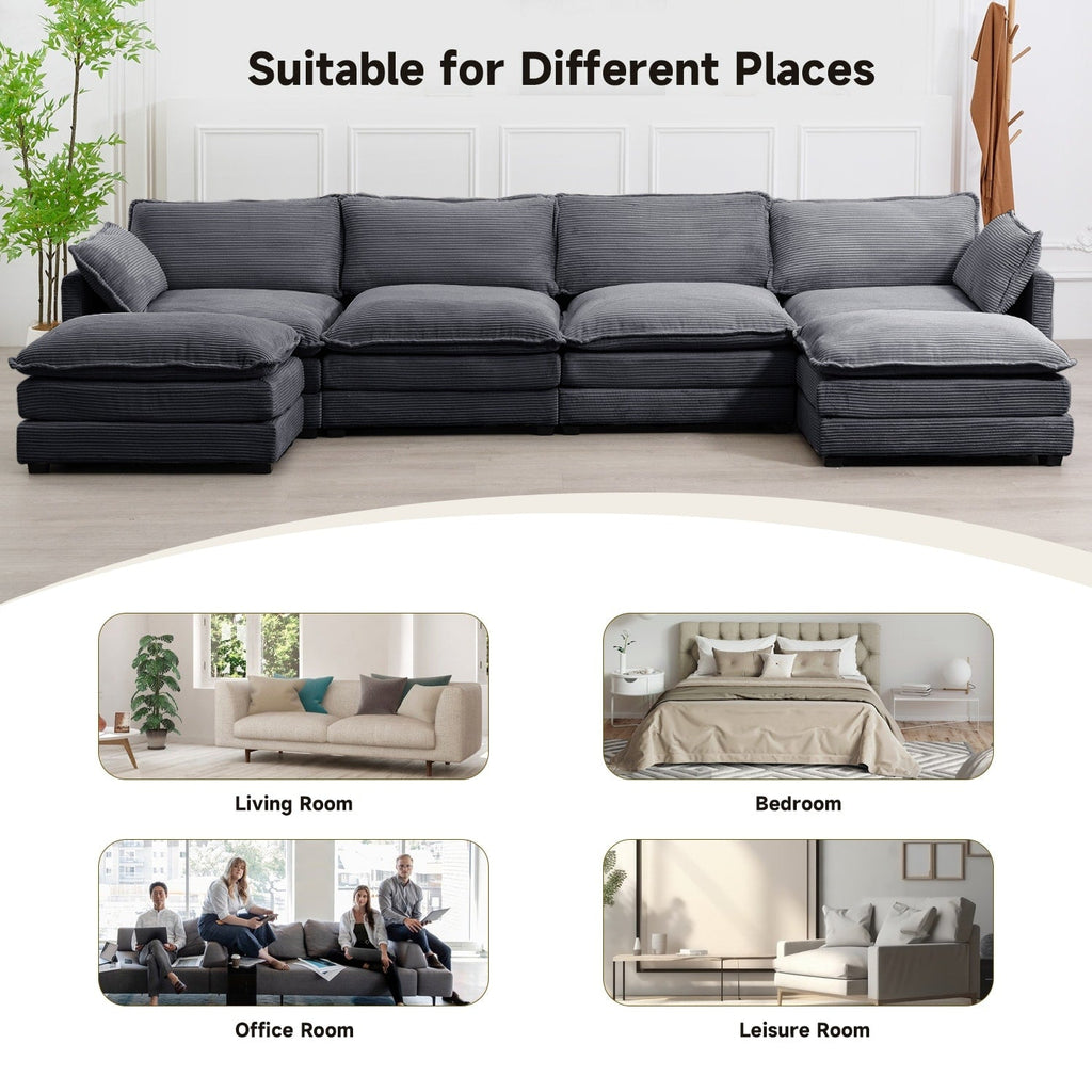 Corduroy Sectional Sofa with Removable Ottomans & Ultra-soft Cushions for Living Room & Bedroom