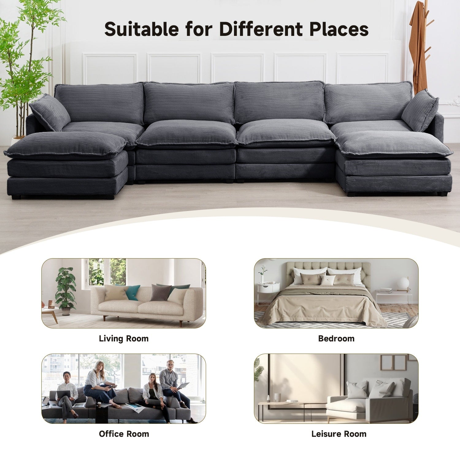 Corduroy Sectional Sofa with Removable Ottomans & Ultra-soft Cushions for Living Room & Bedroom