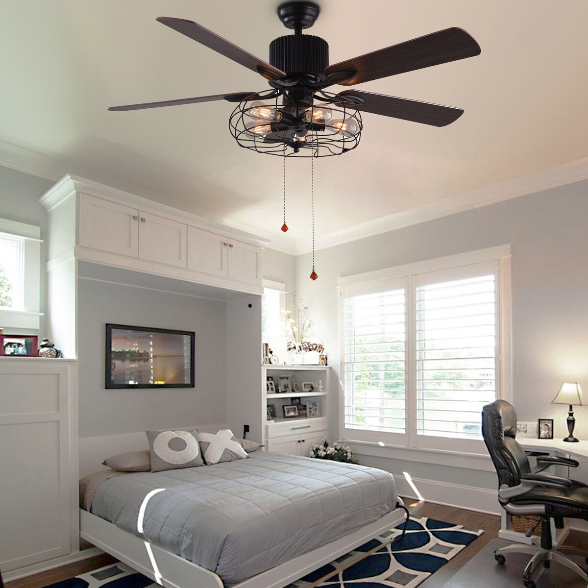 CurveCurio Farmhouse Industrial 5-Light Black Cage Ceiling Fan with Light, Remote Control and Pull Chain 42-48-52 inches