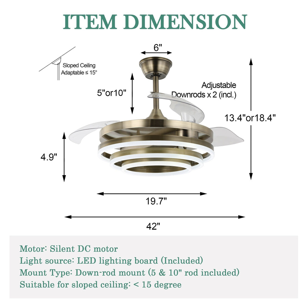 Cusp Barn 42 Retractable Ceiling Fan with Lights and Remote DIY Shape Fandelier Modern Silent DC Motor LED Ceiling Light