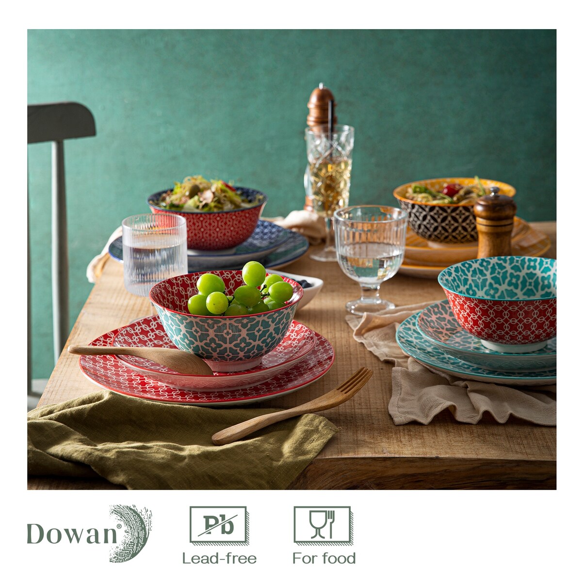 DOWAN Ceramic Plates and Bowls Set, 12-Piece Dinnerware Set for Christmas Decor, Colorful Dish Set for 4
