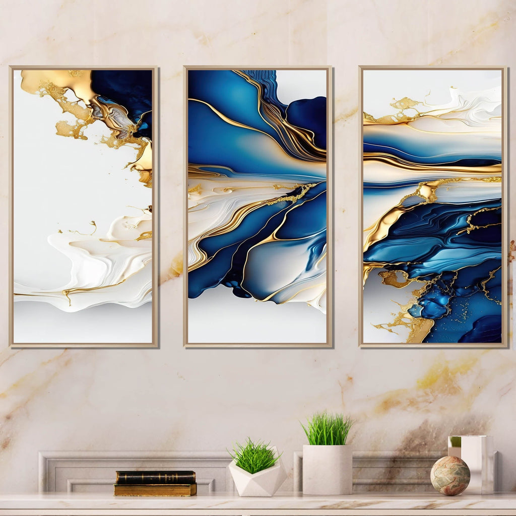 Designart Abstract Geode Gold And Blue Marble Shape III Modern Geometric Framed Canvas Art Print - 3 Panels