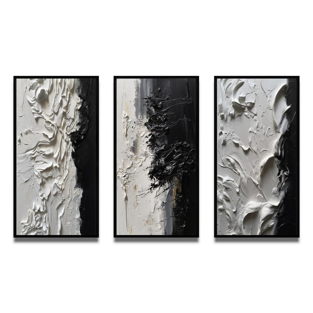 Designart White And Black Tranquility Unleashed III Abstract Marble Framed Wall Art Set Of 3 For Office Decor