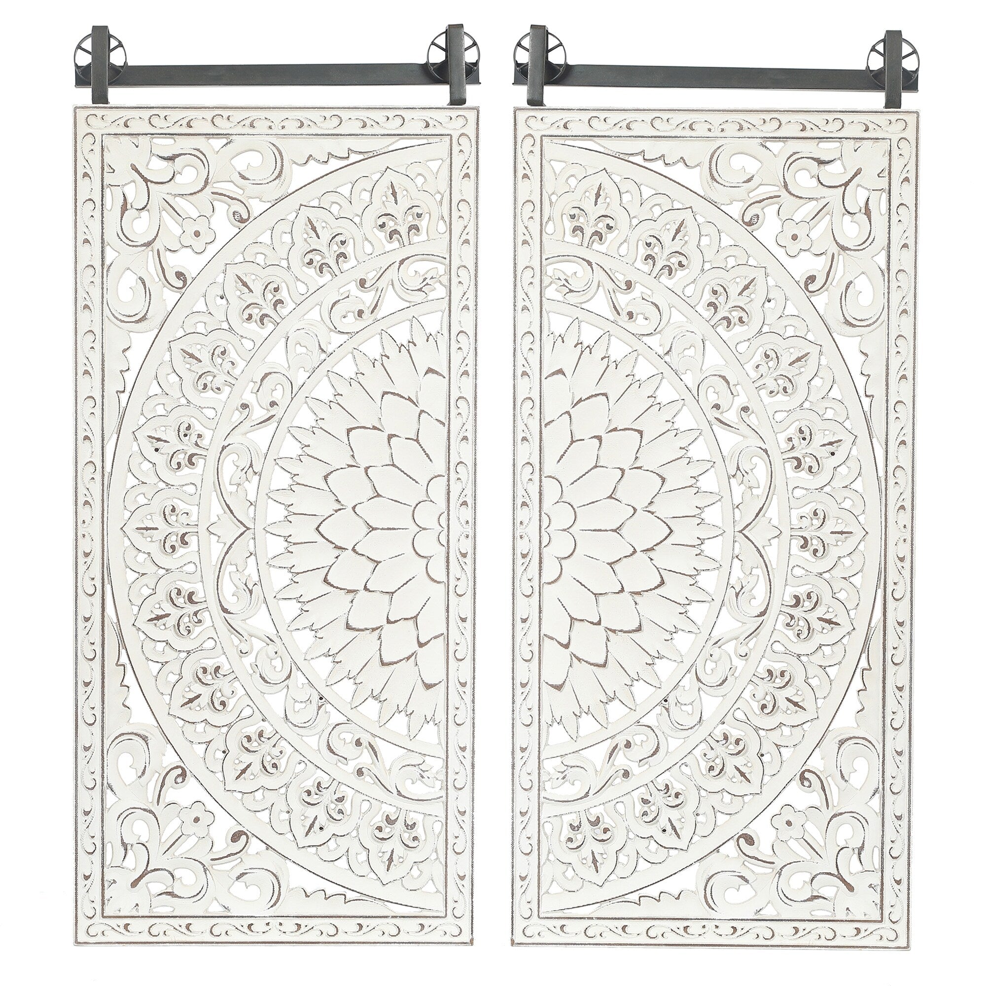 Distressed Ivory White Wood Flower Wall Art with Black Accents (Set of 2)