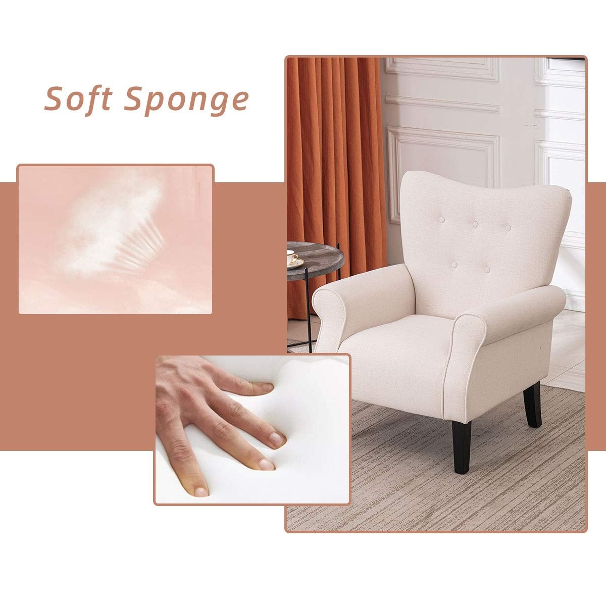 Erommy Modern Accent Chair, High Back Armchair, Upholstered Fabric Button Single Sofa with Wooden Legs for Living Room