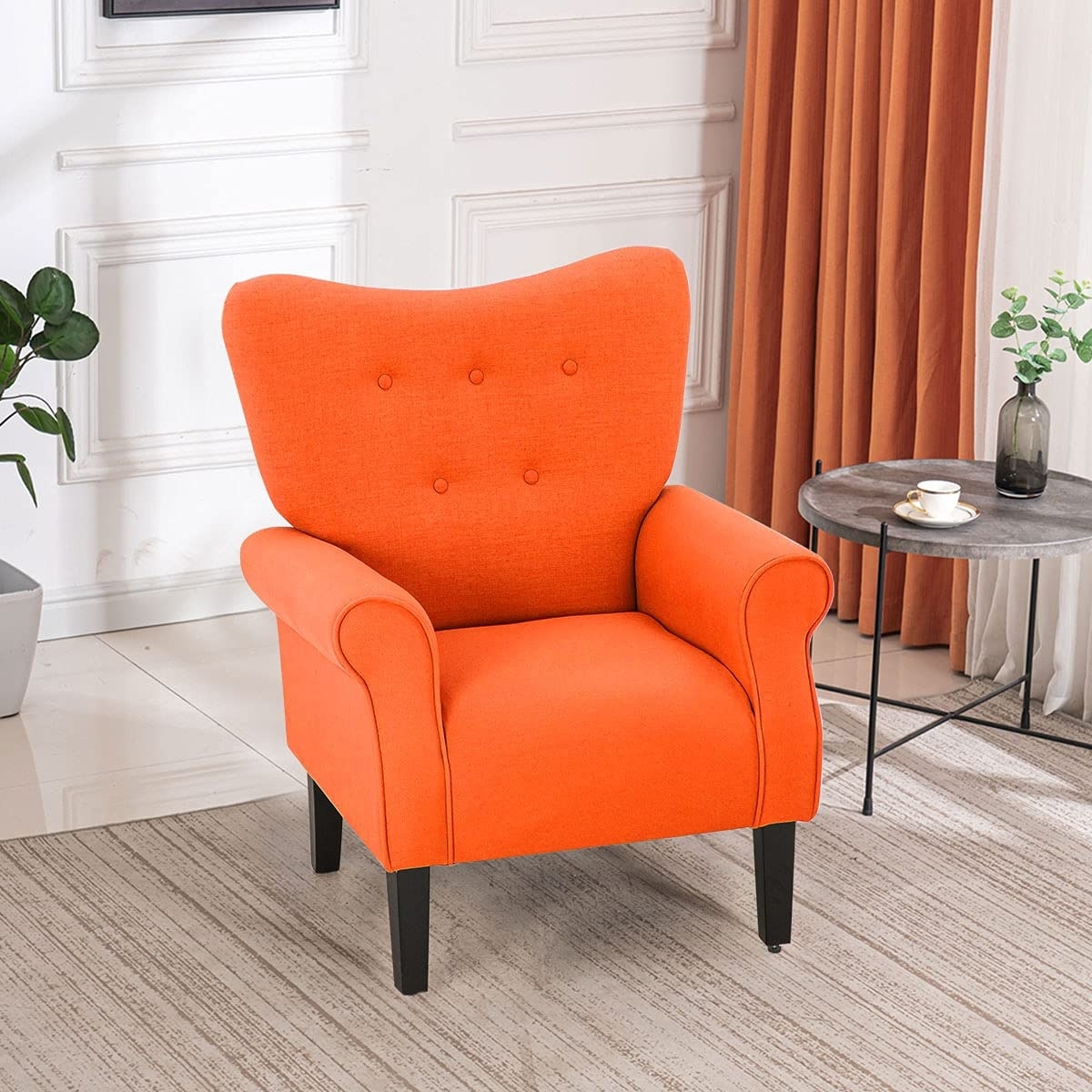 Erommy Modern Accent Chair, High Back Armchair, Upholstered Fabric Button Single Sofa with Wooden Legs for Living Room