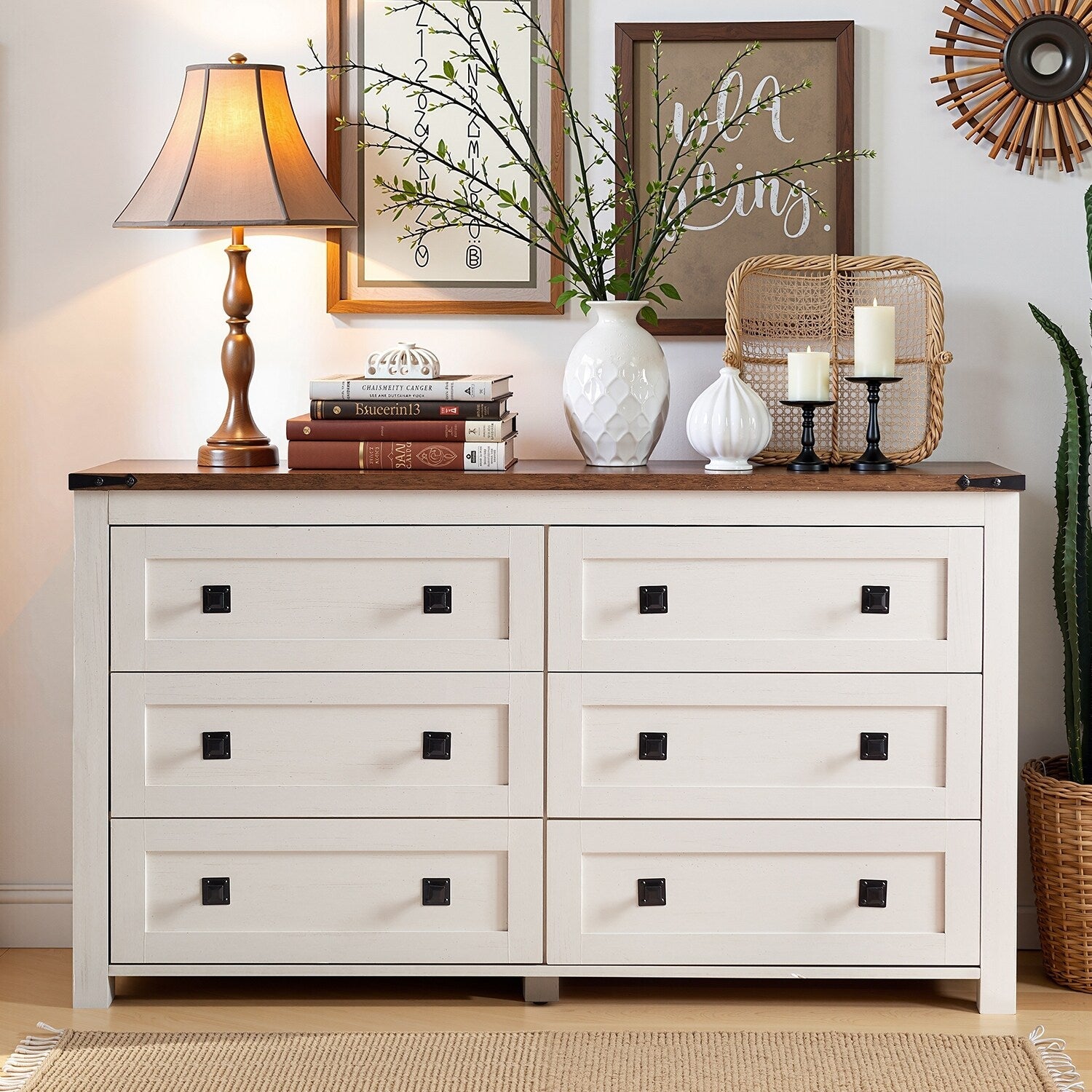 Farmhouse 6 Drawer Dresser, Wood TV Stand, Chest of Drawers